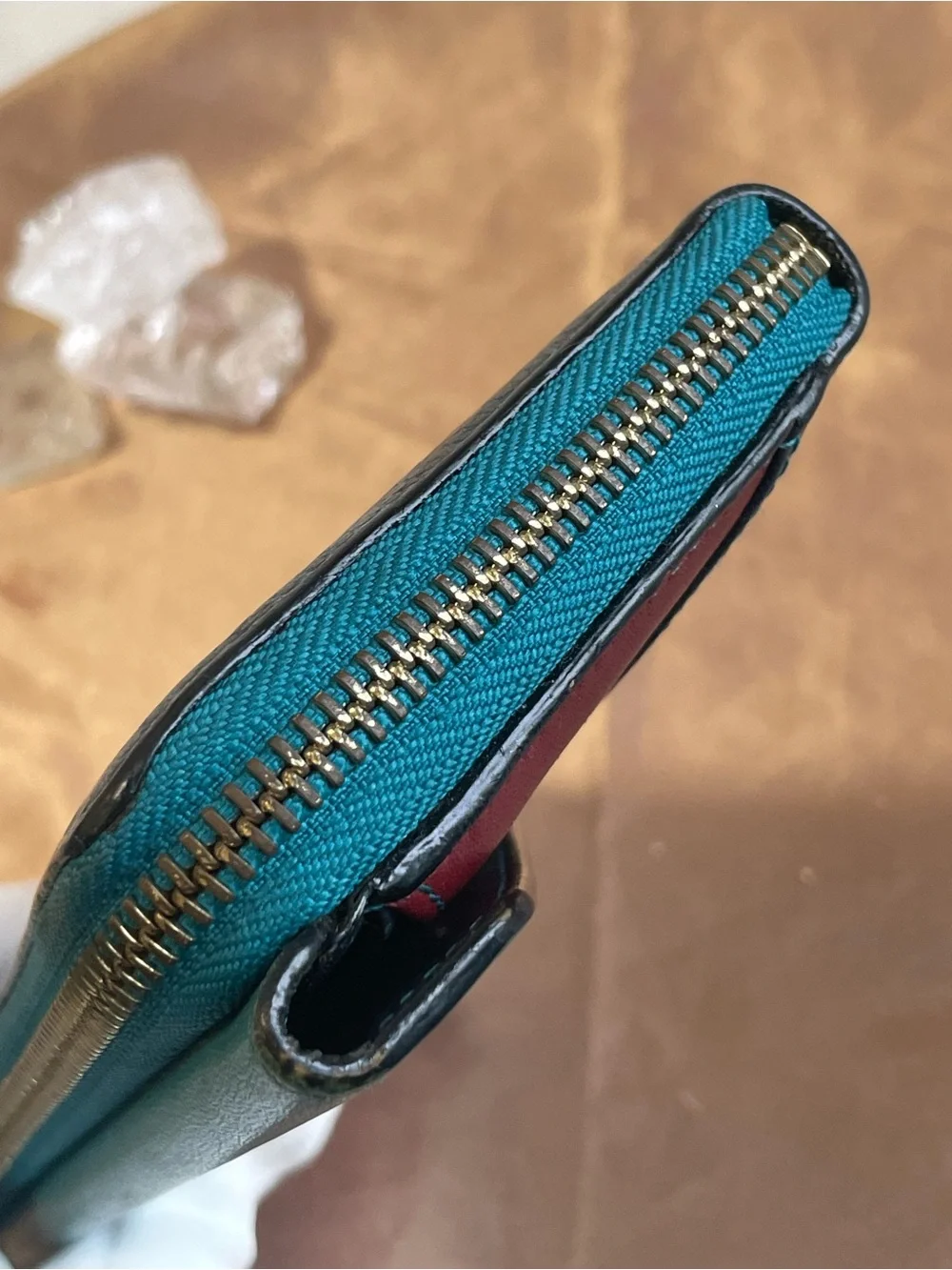 Chloé Tri-Color Leather Continental Wallet — Teal, Navy & Burgundy